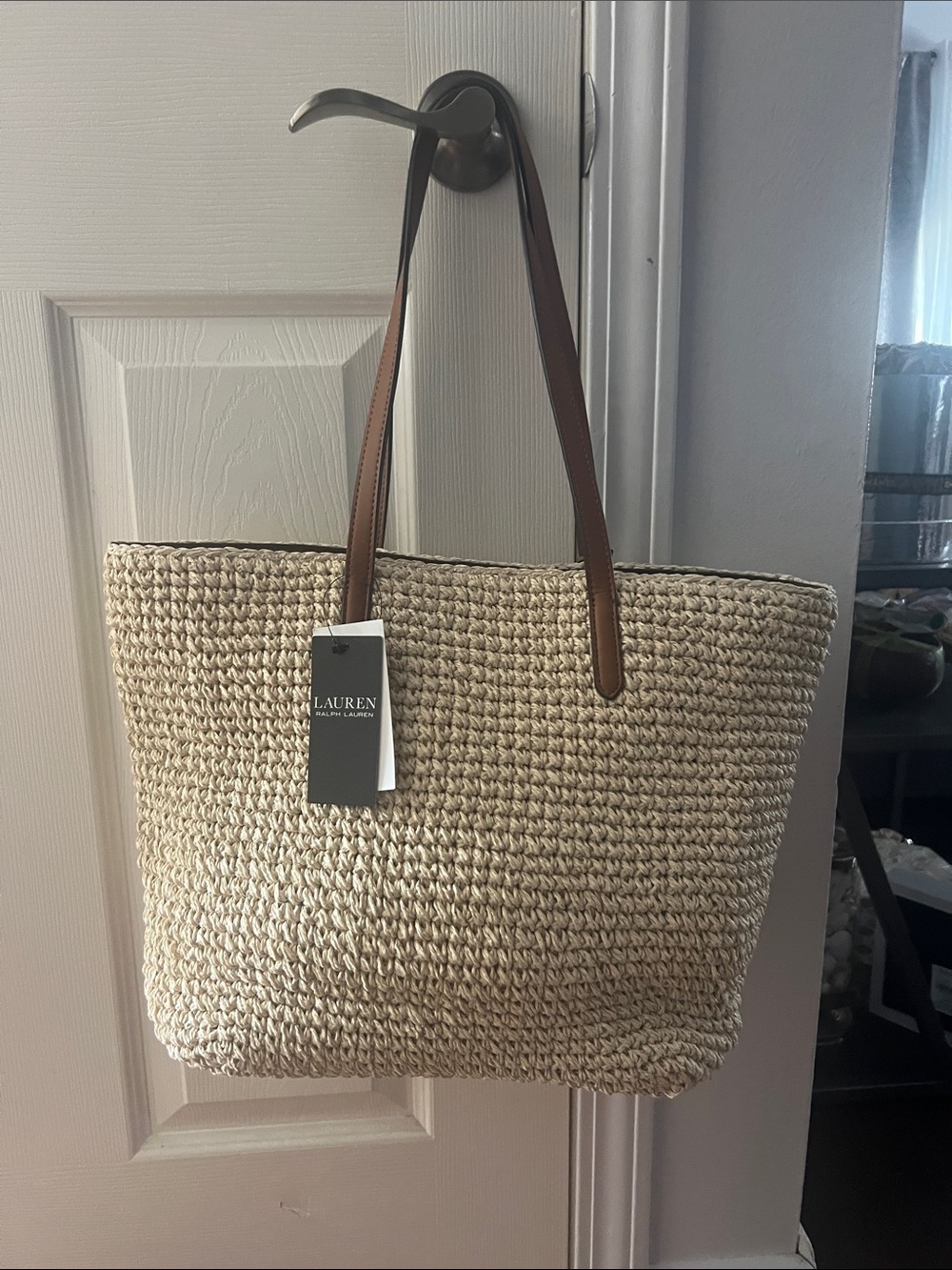 Ralph Lauren Natural Straw Tote with Tan Leather Handles - Picture 3 of 10